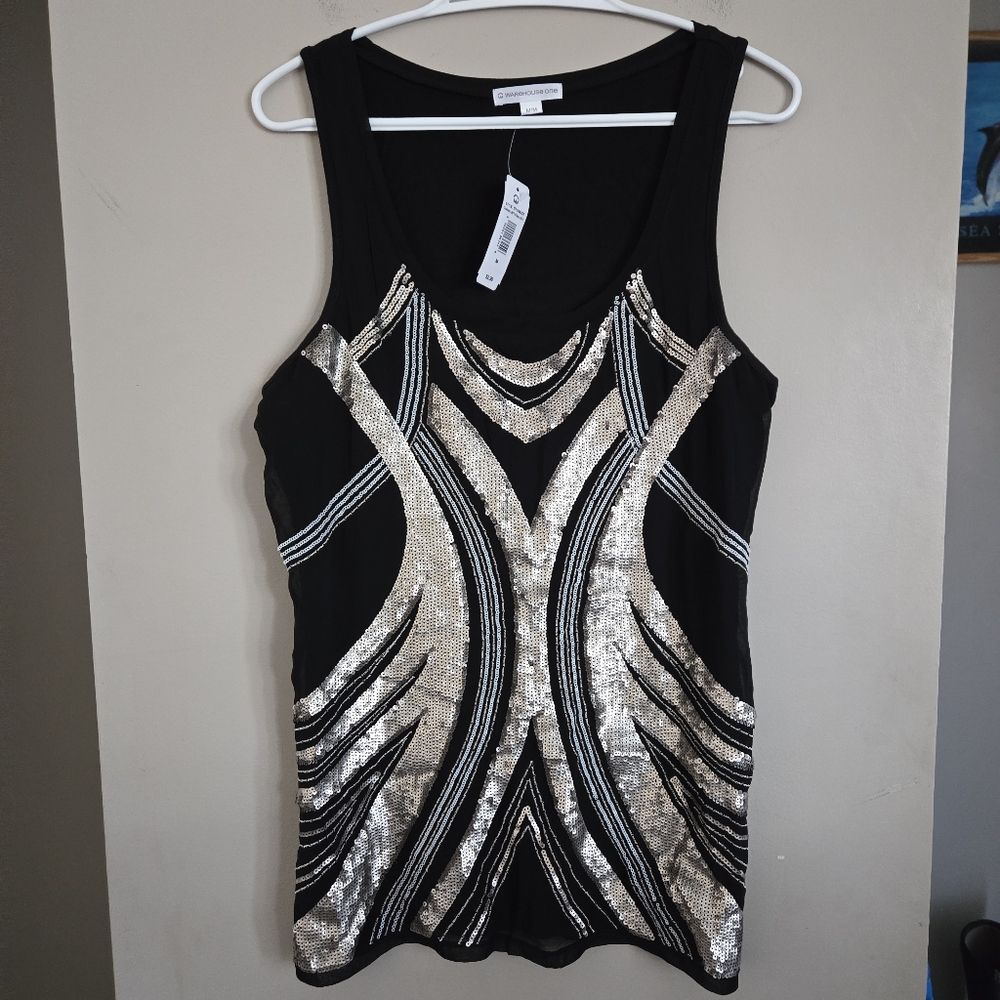 Black Sequin Shirt Tank Night Out Formal Top Women Medium Fun